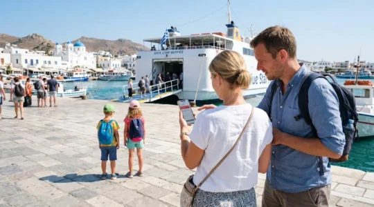 Eine Familie mit zwei Kindern steht am modernen Fährhafen, die Eltern prüfen gemeinsam die Buchungsbestätigung auf einem Smartphone