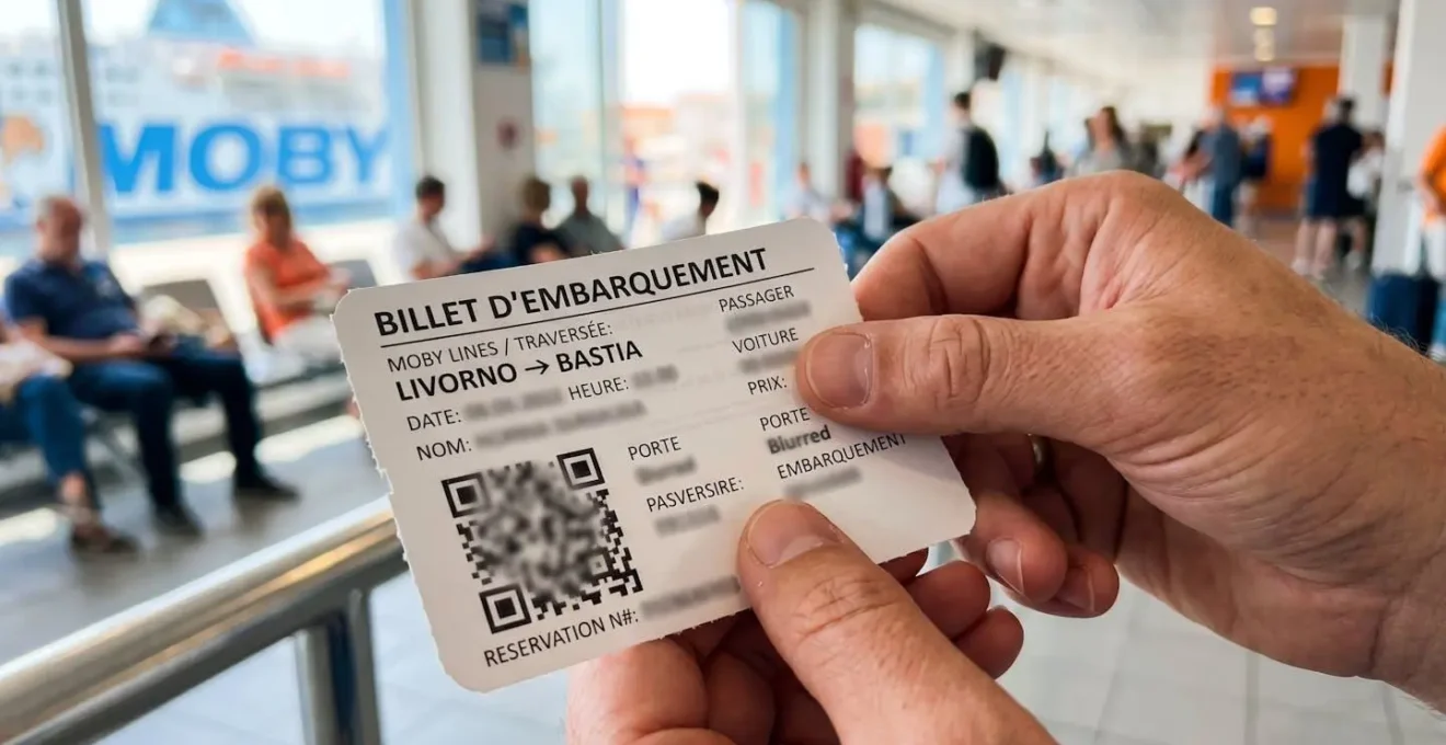 Nahaufnahme von Händen, die ein Smartphone mit einer digitalen Fährbuchungsbestätigung halten, Details verschwommen