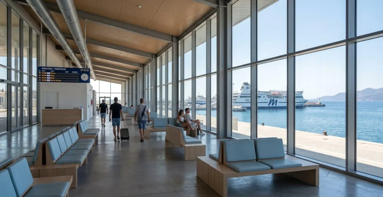 Heller Wartebereich eines zeitgenössischen Fährterminals mit grossen Glasfenstern und Blick auf das Mittelmeer