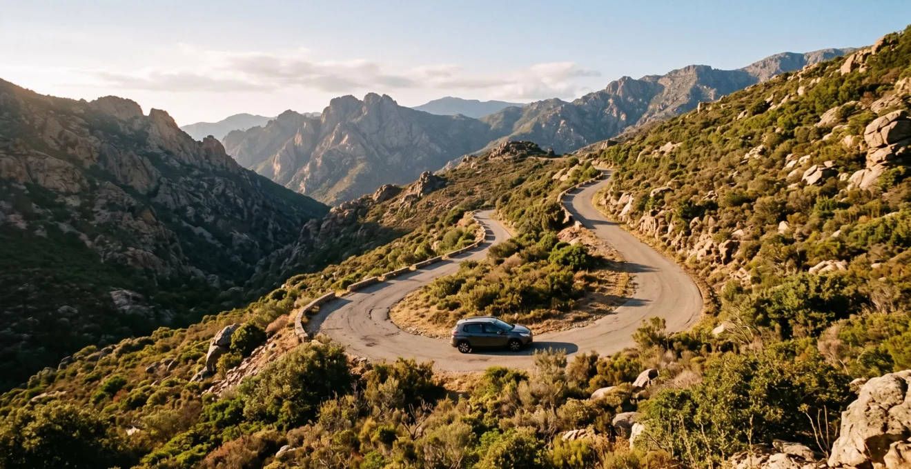 Auto auf kurvenreicher Bergstrasse in Korsika mit mediterraner Landschaft