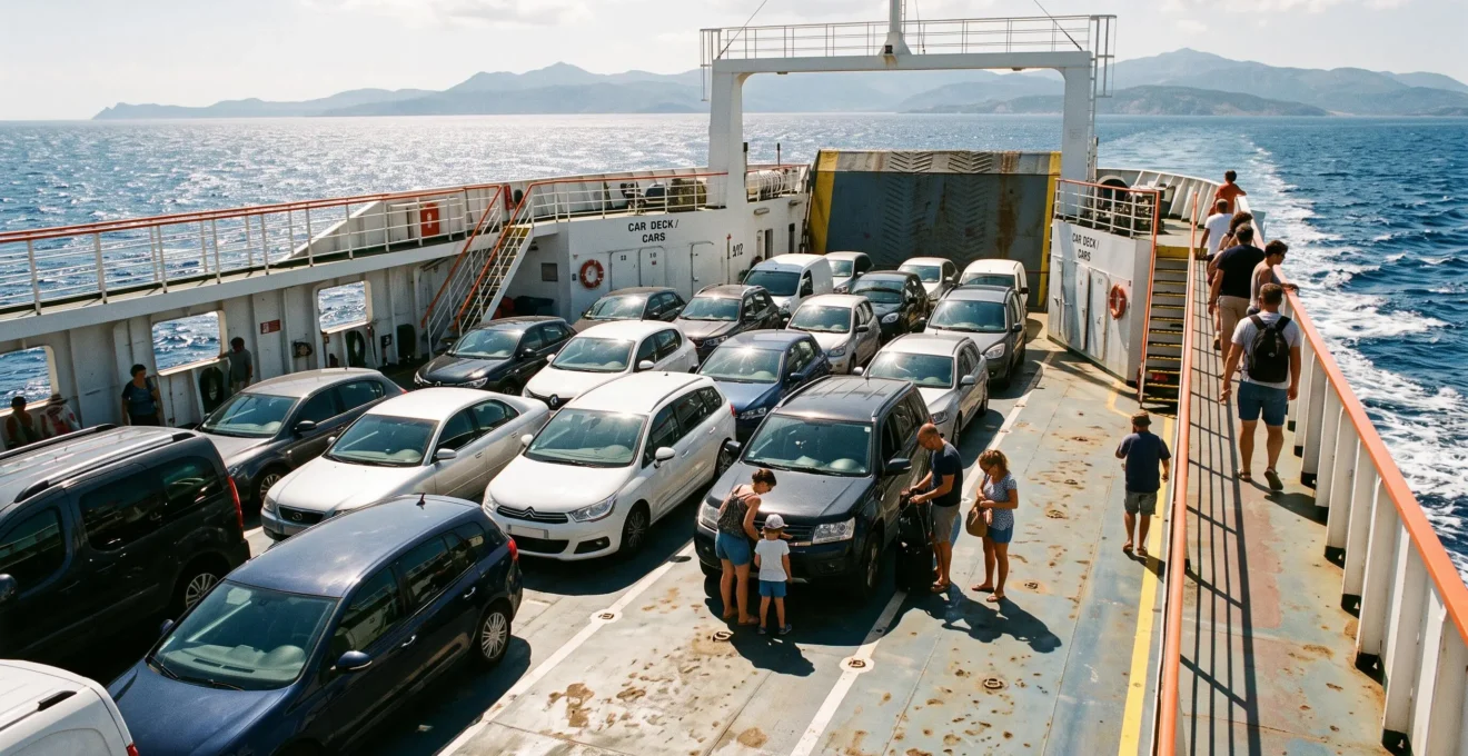 Fährdeck mit eingeschifften Fahrzeugen auf Überfahrt durchs Mittelmeer nach Korsika