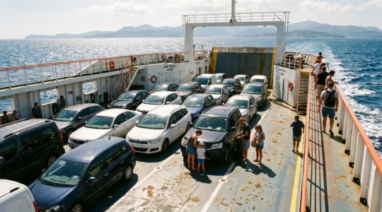 Fährdeck mit eingeschifften Fahrzeugen auf Überfahrt durchs Mittelmeer nach Korsika