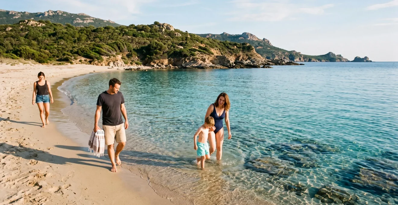 Korsischer Strand in der Nebensaison mit türkisfarbenem Wasser und wenigen Urlaubern