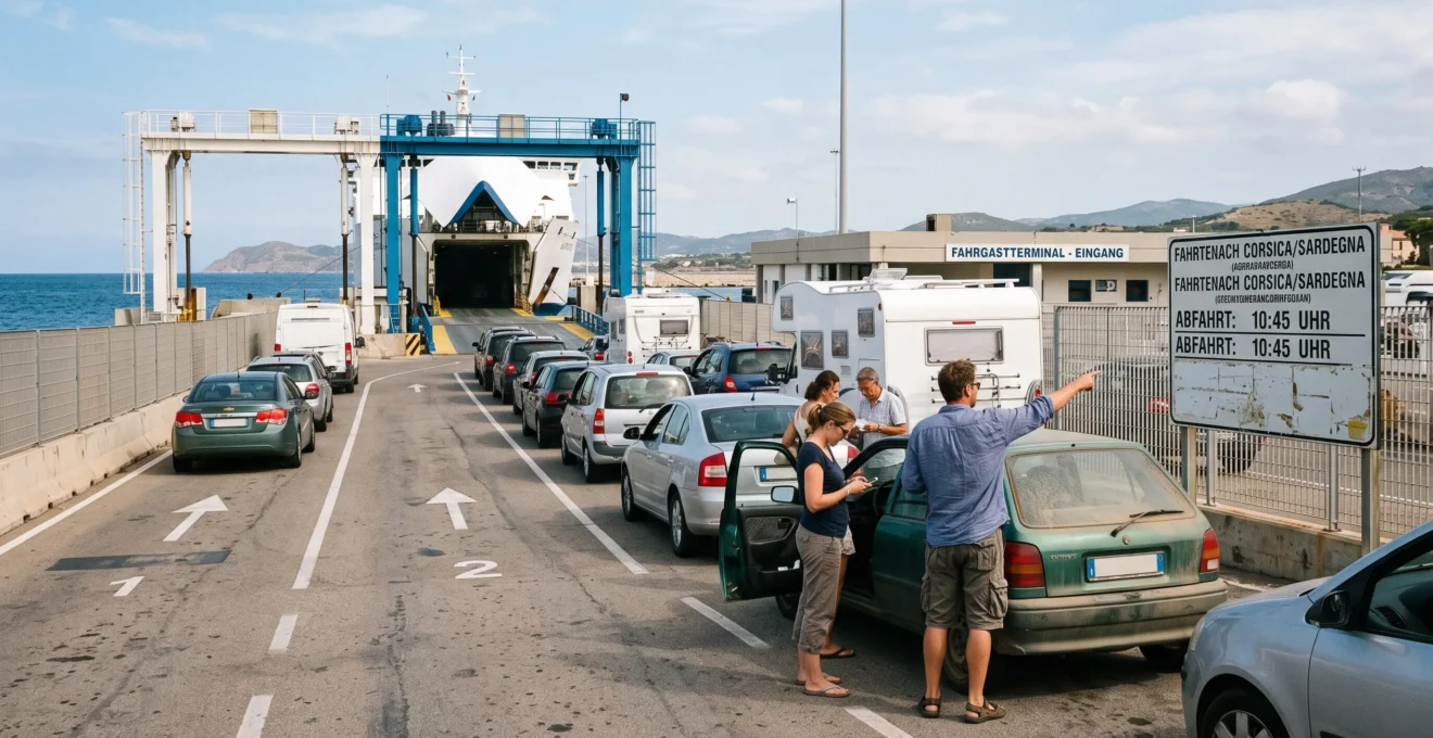 Fährterminal mit wartenden Fahrzeugen vor der Einschiffung am Mittelmeerhafen